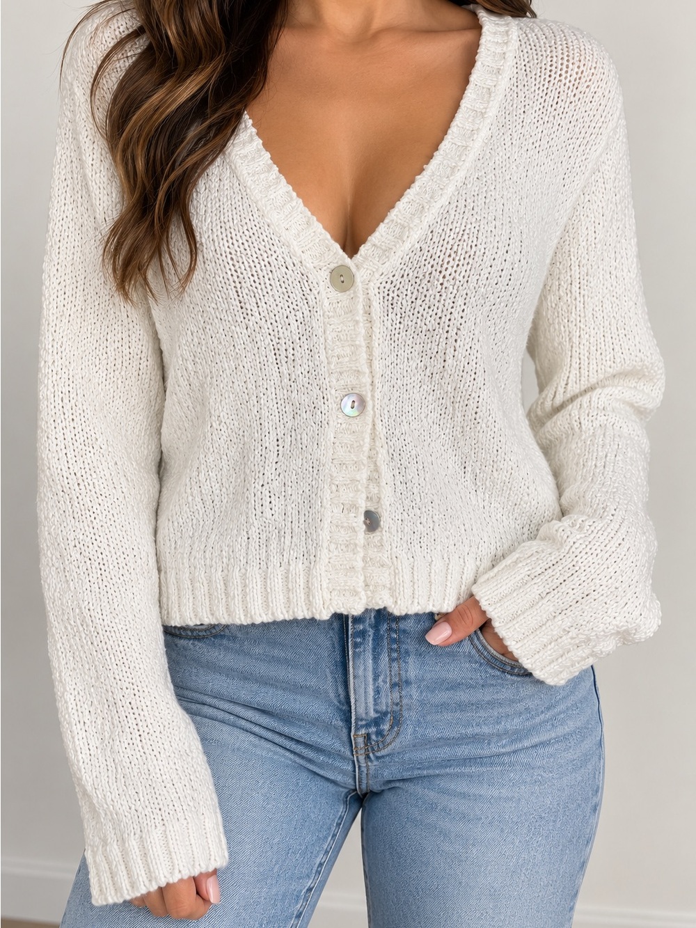 Eileen Fisher Ivory 100% Cotton Cropped Open Knit Cardigan Sweater